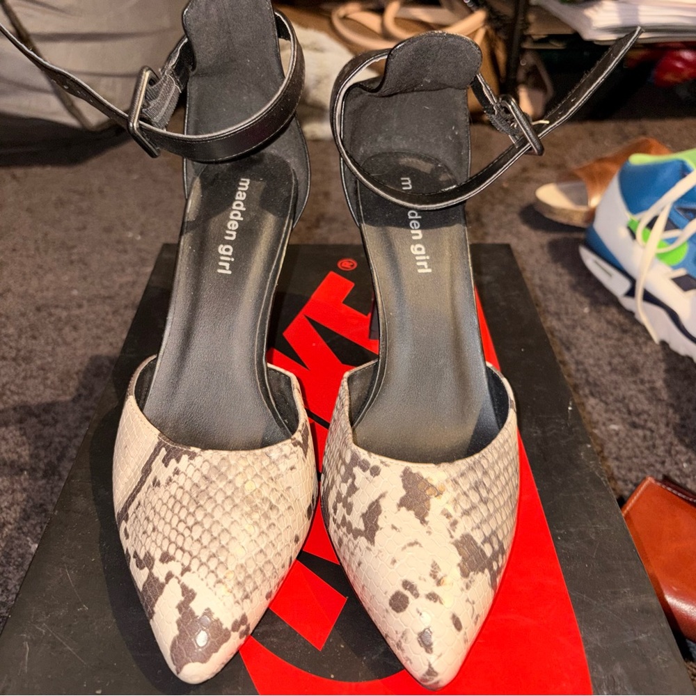 Madden Girl Two-Tone Snake-Print Pointed Ankle-Strap Heels